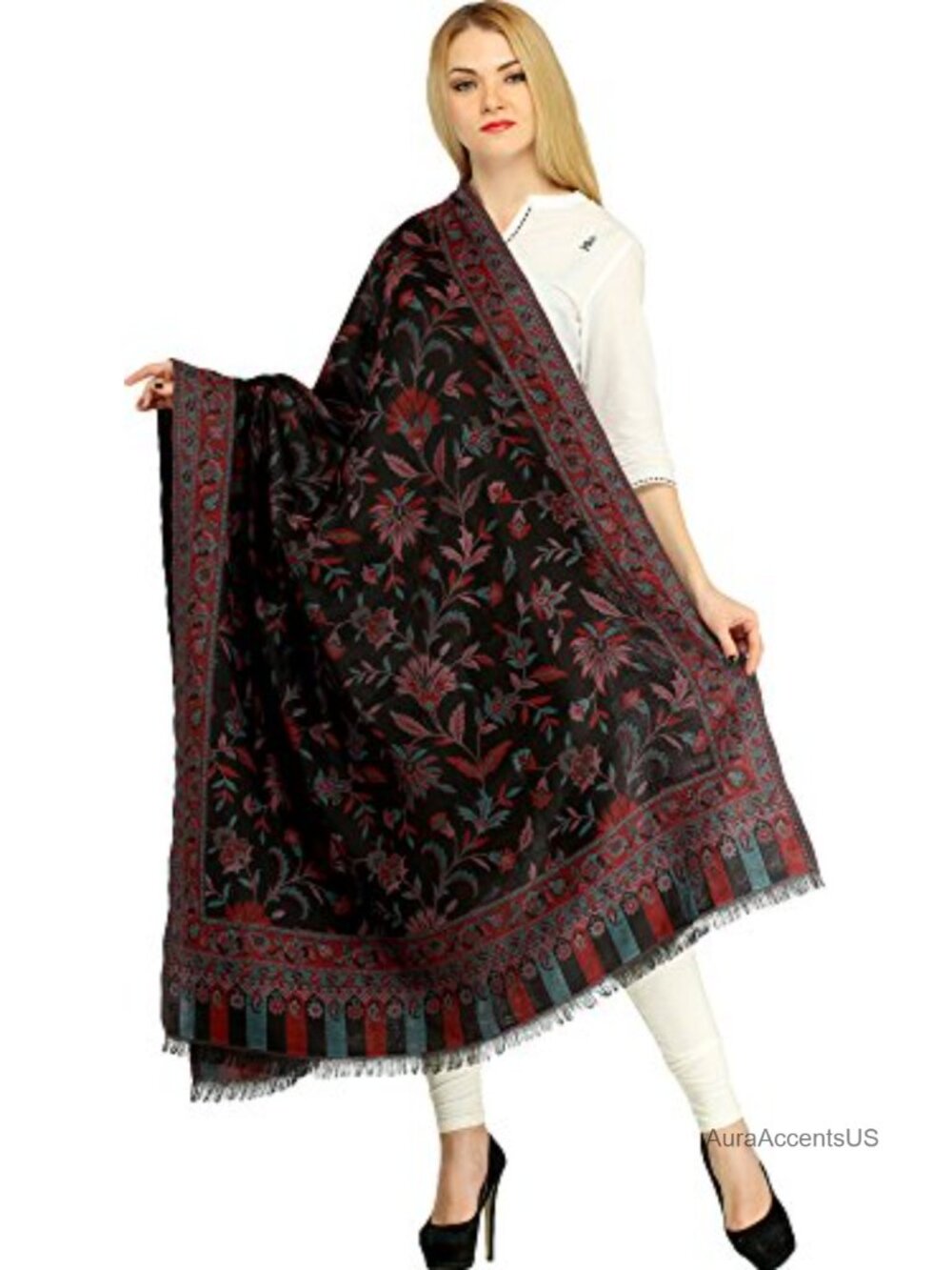 Reversible Jamawar Acrylic Shawl Woven Floral Wrap 201cm